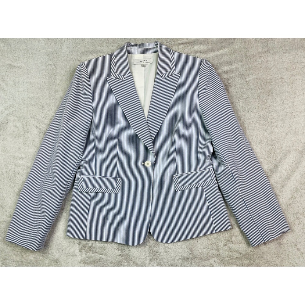 Tahari Arthur S. Levine Seersucker Blazer Jacket Women's 12 Blue White Striped